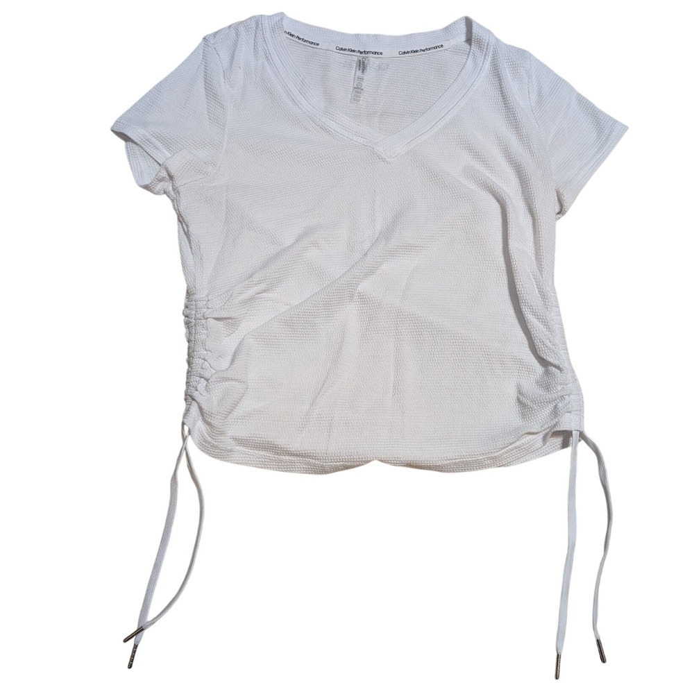 Calvin Klein Performance White Waffle Knit V-Neck Cinch Side T-Shirt Womens Med